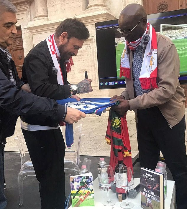 Schillaci, who was hospitalised earlier this month, pictured with Milla signing books