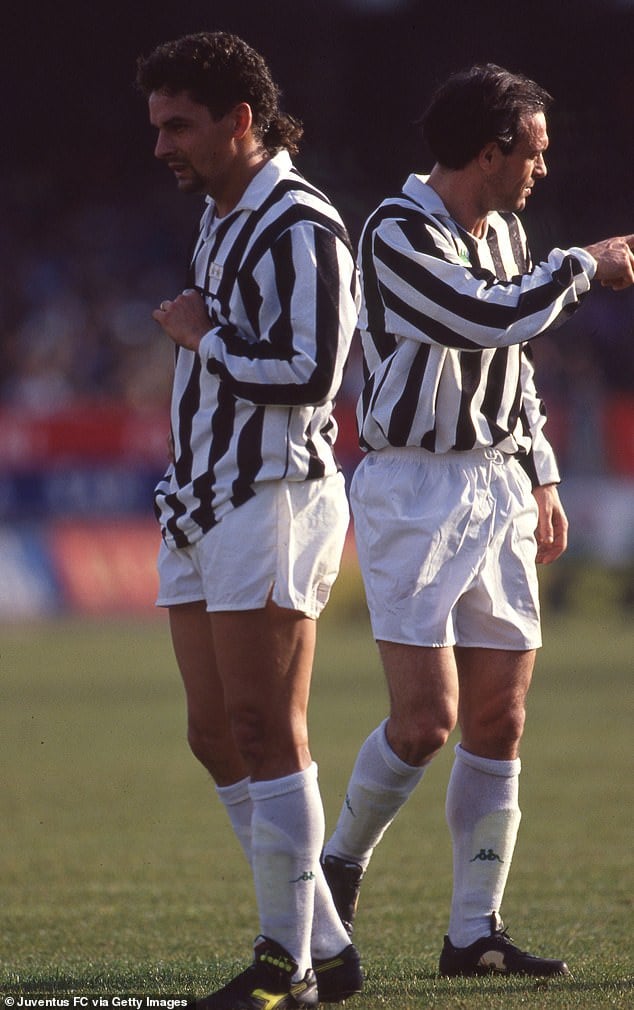 Juventus, meanwhile, released a club statement: 'Salvatore Schillaci left us today; too soon, too soon, at 59 years old' (pictured: Schillaci with Baggio, left)