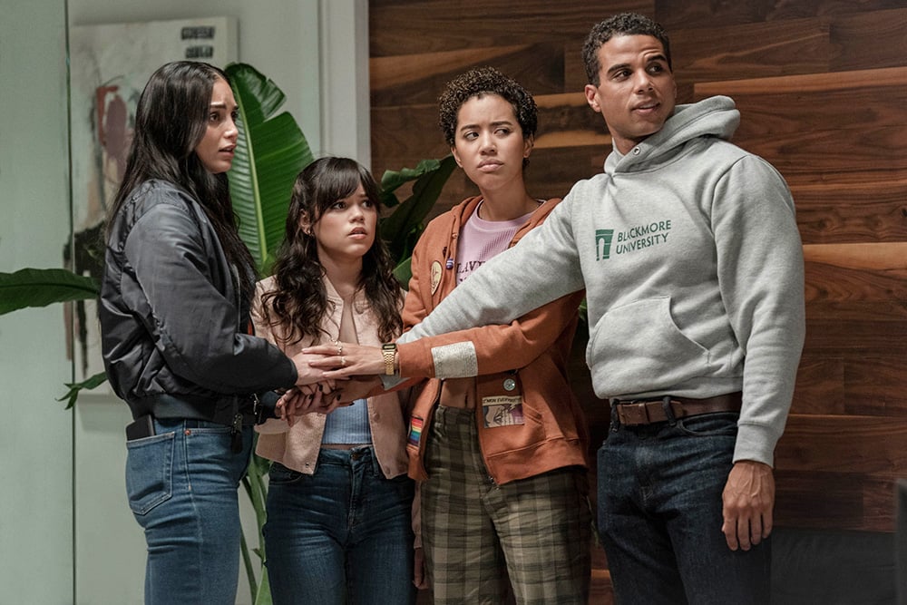 L-r, Melissa Barrera (“Sam Carpenter”) , Jenna Ortega (“Tara Carpenter”), Jasmin Savoy Brown (“Mindy Meeks-Martin”) and Mason Gooding (“Chad Meeks-Martin”) star in Paramount Pictures and Spyglass Media Group's "Scream VI."