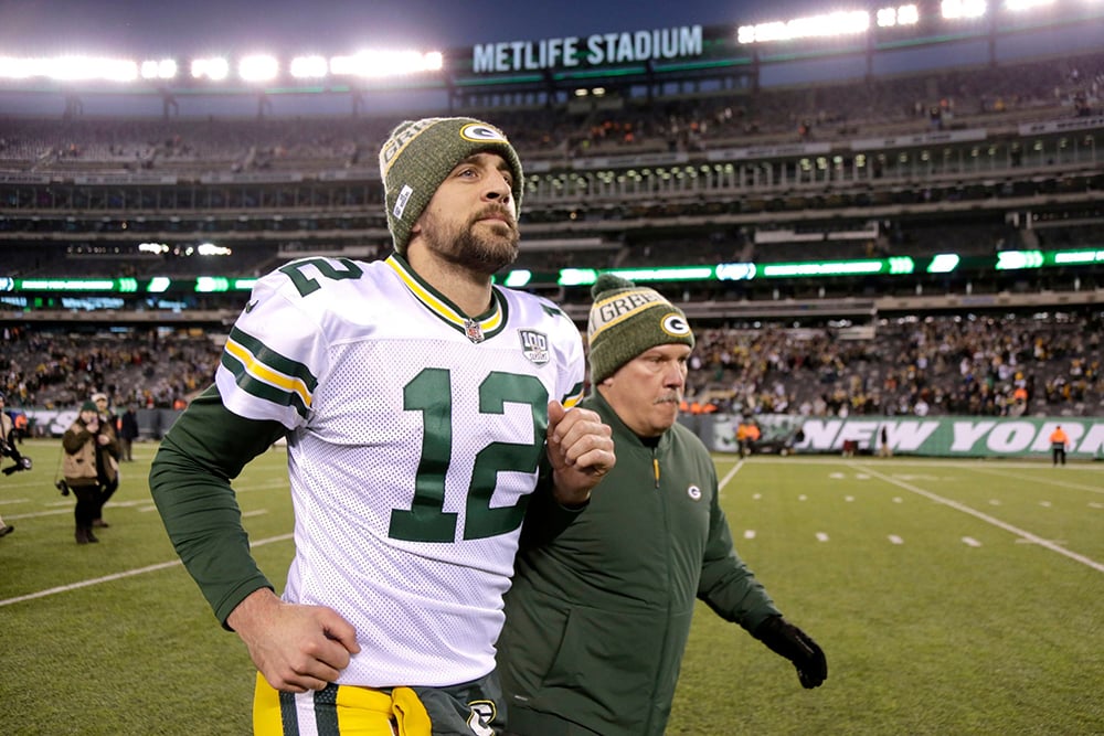 Green Bay Packers quarterback Aaron Rodgers leaves the field after an NFL football game against the New York Jets, in East Rutherford, N.J. The Packers won 44-38 in overtime Packers Jets Football, East Rutherford, USA - 23 Dec 2018