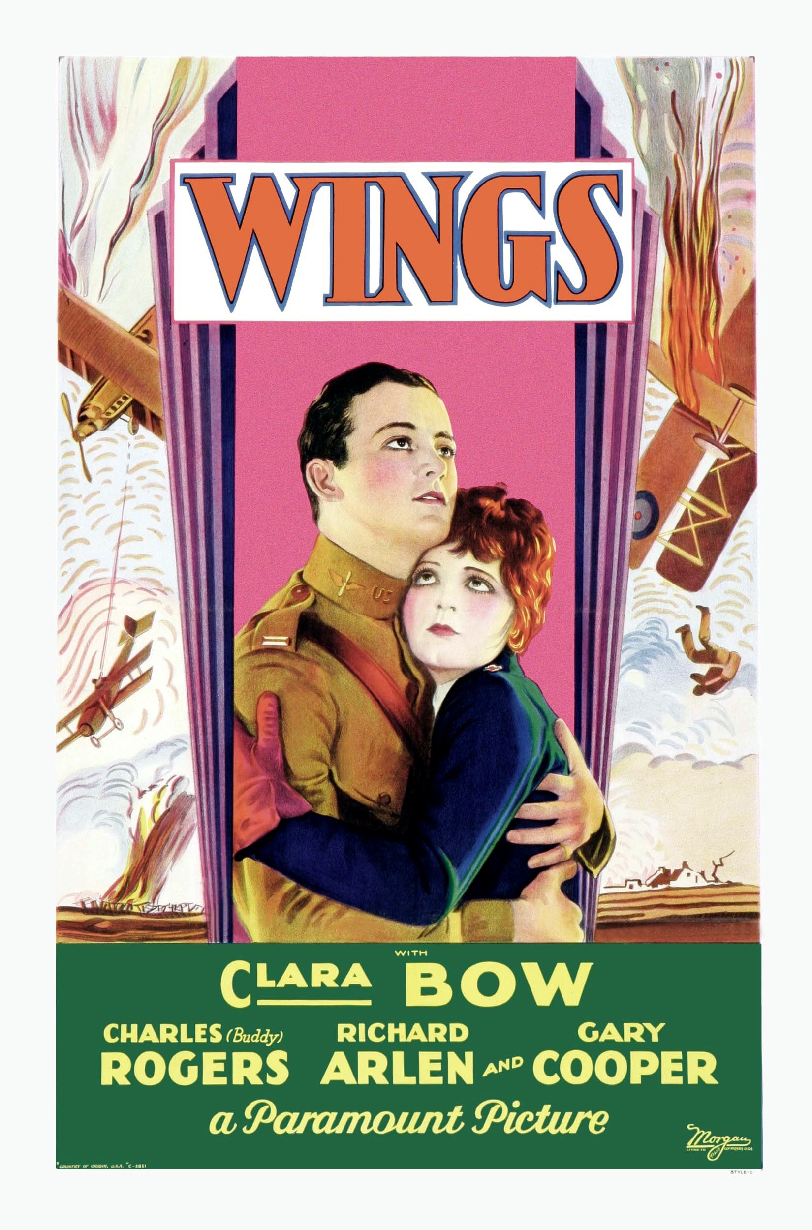 Wings, poster, from left, Charles 'Buddy' Rogers, Clara Bow, 1927. (Photo by LMPC via Getty Images)