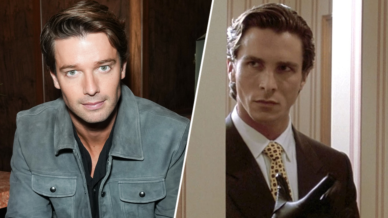 Patrick Schwarzenegger sits in a chair. Christian Bale wears a suit and puts on a black leather glove in 'American Psycho'.