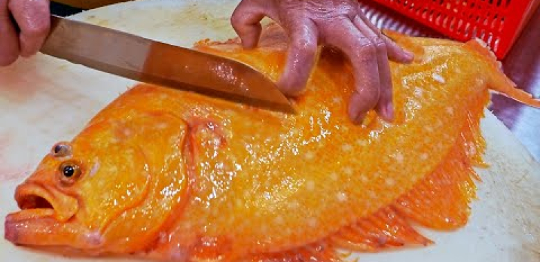 Golden flounder Cutting Skills, Crispy Fried Fish Skin,  Flounder Sashimi / 黃金比目魚切割技巧, 酥炸魚皮, 比目魚生魚片
